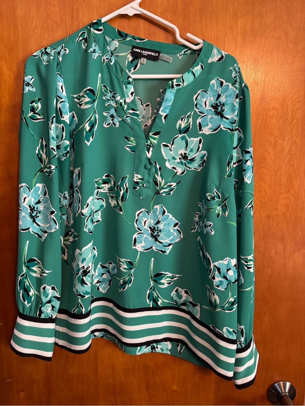 Karl Lagerfeld Green Floral Split-V Neck Blouse with Striped Hem